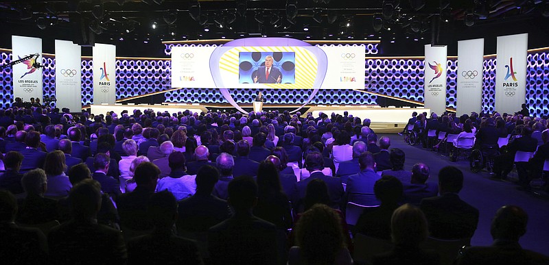 International Olympic Committee President Thomas Bach speaks during the opening IOC session in Lima, Peru, Wednesday, Sept. 13, 2017. The IOC will vote to ratify Los Angeles as the host city of the 2028 Olympic and Paralympic Games and Paris as the host city of the 2024 Games. (AP Photo/Martin Mejia)