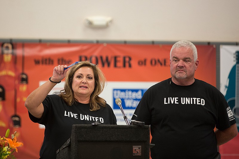 Jennifer and Craig Harland, co-chairmen of the United Way of Greater Texarkana 2018 Campaign, inspire the crowd Thursday during the kick-off event of the annual fundraiser. Ninety-nine cents of every dollar raised through the campaign stay in the greater Texarkana area.  