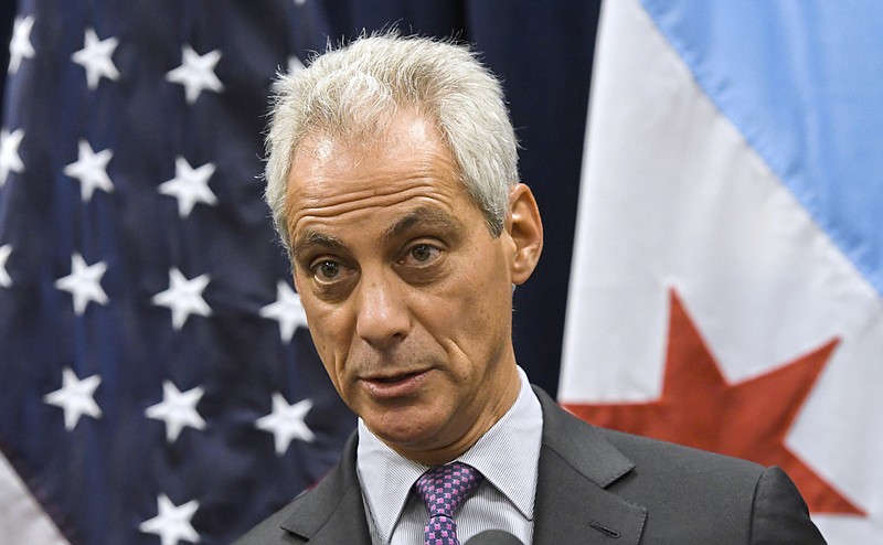 FILE- In this Jan. 15, 2017, file photo Chicago Mayor Rahm Emanuel speaks during a news conference in Chicago. U.S. District Judge Harry Leinenweber ruled Friday, Sept. 15, 2017, that U.S. Attorney General Jeff Sessions cannot follow through with his threat to withhold public safety grant money to Chicago and other U.S cities for refusing to impose tough immigration policies. Leinenweber granted Chicago's request for a temporary "nationwide" injunction that means the Justice Department cannot deny requests for the grant money until its lawsuit against the Justice Department is concluded. (AP Photo/Matt Marton, File)