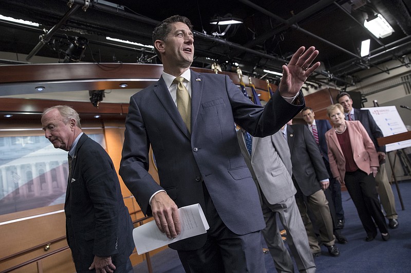 <p>AP</p><p>Speaker of the House Paul Ryan, R-Wis., joined at left by Rep. Rodney Frelinghuysen, R-N.J., chairman of the House Appropriations Committee, and other appropriators, departs a news conference after the passage of a sweeping $1.2 trillion spending bill to fund the government, at the Capitol in Washington.</p>