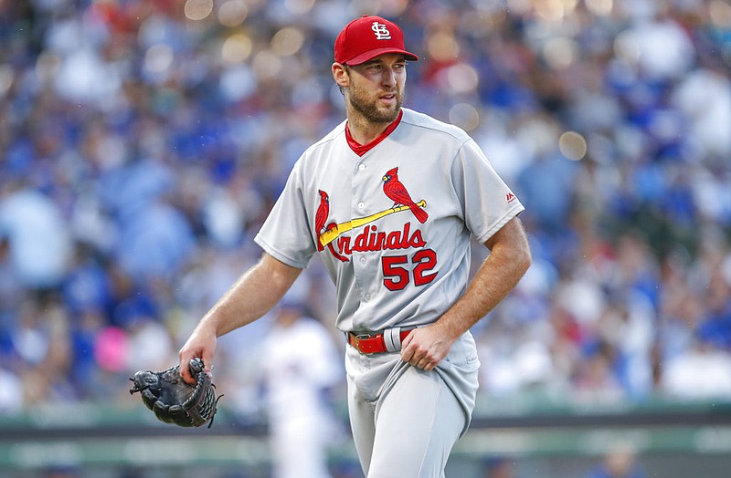 St. Louis Cardinals starting pitcher Michael Wacha leaves the baseball game against the Chicago Cubs during the sixth inning, Saturday, Sept. 16, 2017, in Chicago.