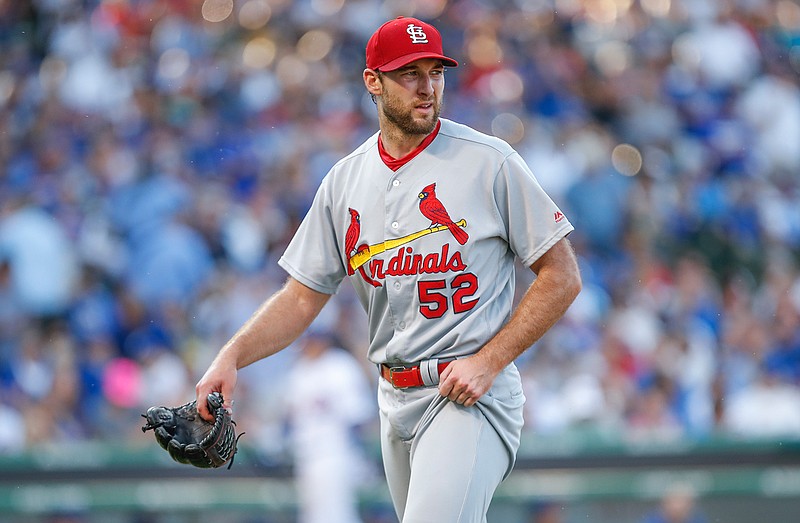 St. Louis Cardinals starting pitcher Michael Wacha leaves the baseball game against the Chicago Cubs during the sixth inning, Saturday, Sept. 16, 2017, in Chicago. 