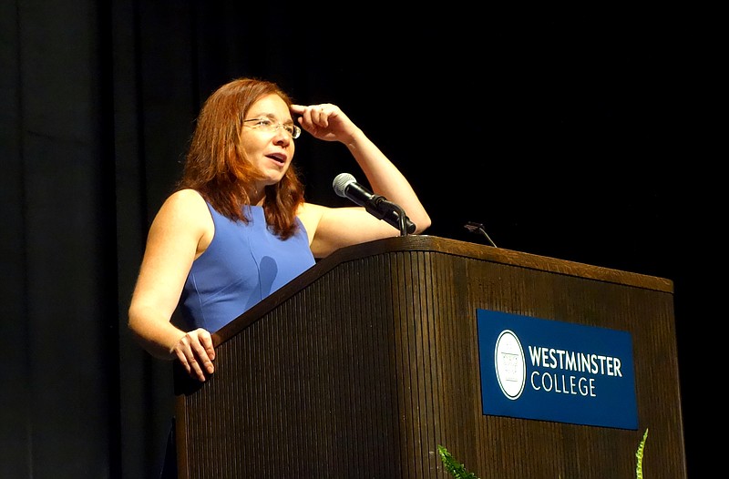 Atmospheric scientist Katharine Hayhoe speaks Wednesday during Westminster College's Hancock Symposium. Her talk covered evidence for climate change, and why, for some people, evidence isn't enough. (Helen Wilbers/FULTON SUN photo)