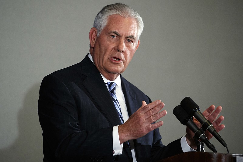 Secretary of State Rex Tillerson speaks at a press briefing at the Hilton Midtown hotel during the United Nations General Assembly, Wednesday, Sept. 20, 2017, in New York. Tillerson attended the highest-level meeting between U.S. and Iranian officials since the start of the Trump administration earlier in the evening. (AP Photo/Evan Vucci)