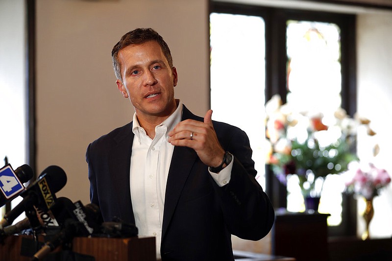 In this Sept. 11, 2017, file photo, Missouri Gov. Eric Greitens speaks to the media after meeting with clergy at Washington Metropolitan AME Zion Church ahead of a verdict in the trial of former St. Louis police officer Jason Stockley in St. Louis. Greitens' campaign promises are being put to the test by protests that began after Stockley was acquitted in the death of a black drug suspect. 