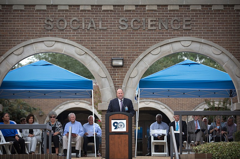 James Henry Russell, president of Texarkana College, kicks off the college's 90th anniversary celebration Wednesday. Russell credited previous leadership from Dr. Carl "Cheesie" Nelson and others for their vision and guidance in creating a history of excellence at the community college.