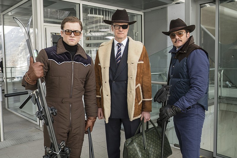 This image released by Twentieth Century Fox shows, from left, Taron Egerton, Colin Firth, and Pedro Pascal in "Kingsman: The Golden Circle." 