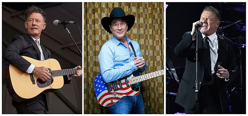 This combination photo shows, from left, Lyle Lovett at the New Orleans Jazz and Heritage Festival in New Orleans on May 1, 2014, Clint Black at his home in Forest Hills, Tenn., on Sept. 22, 2015 and Don Henley performing at the MusiCares Person of the Year tribute honoring Tom Petty in Los Angeles on Feb. 10, 2017.  The trio announced a Nov. 28 show at Bass Hall in Fort Worth to raise money for victims of Hurricane Harvey. 