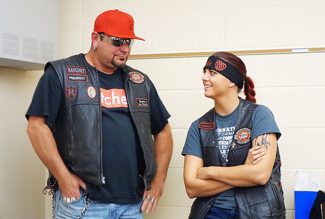 Ratchet, left, and Pebbles are members of Bikers Against Child Abuse. Ratchet, who's also vice president of BACA of Missouri and president of the Mid-Missouri Chapter, spoke Wednesday at Westminster College's Hancock Symposium.