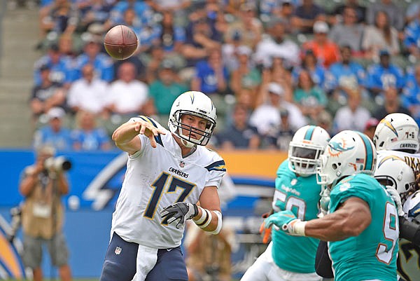 Chargers quarterback Philip Rivers throws a pass during last Sunday's game against the Dolphins in Carson, Calif.