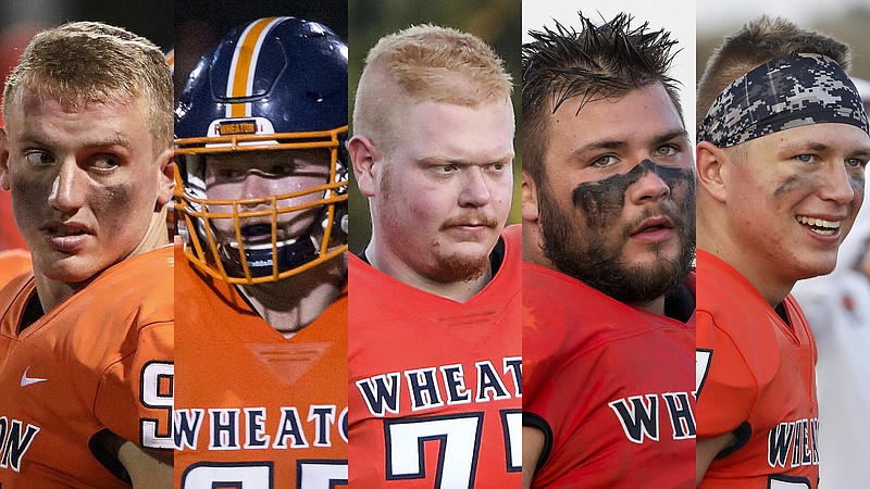 Five Wheaton College football players charged are: James Cooksey, from left, Kyler Kregel, Benjamin Pettway, Noah Spielman and Samuel TeBos.