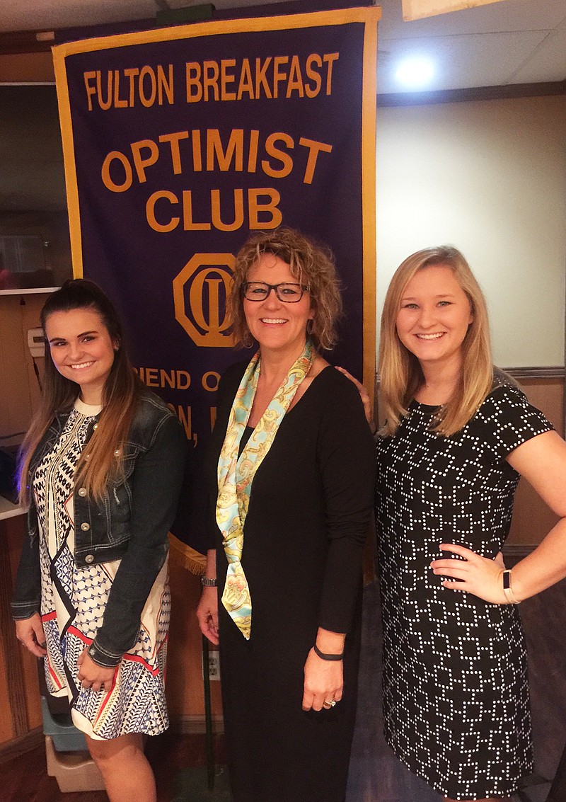 <p style='display:none;'>From left, Katherine White, Jenny Albert and Baylie Borman stand in front of the Fulton Breakfast Optimist Club banner. (Submitted photo)</p>