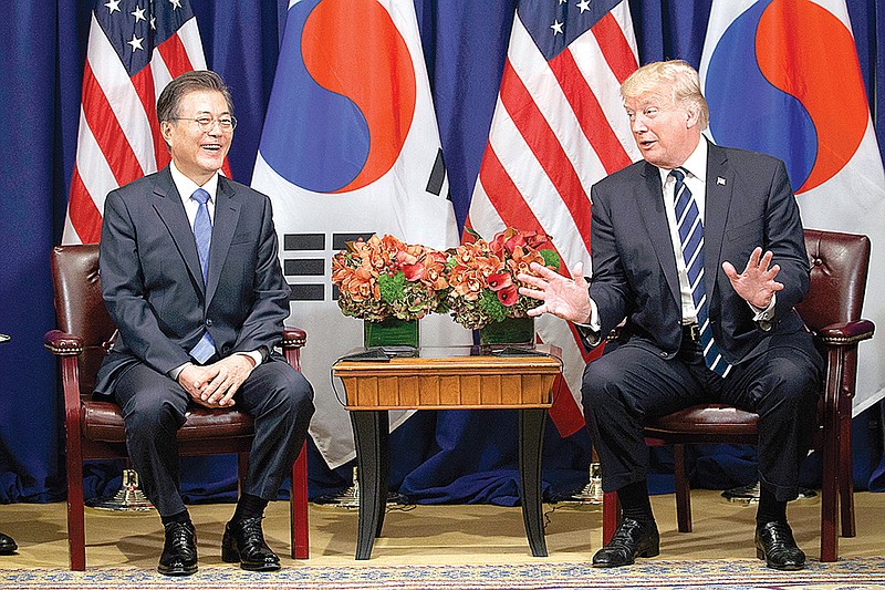 President Donald Trump meets with South Korean President Moon Jae-in at the Palace Hotel during the United Nations General Assembly, Thursday, Sept. 21, 2017, in New York.