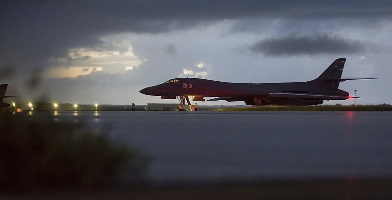 In this image provided by the U.S. Air Force, a U.S. Air Force B-1B Lancer, assigned to the 37th Expeditionary Bomb Squadron, deployed from Ellsworth Air Force Base, S.D., prepares to take off from Andersen AFB, Guam, on Saturday, Sept. 23, 2017. The Pentagon says B-1B bombers from Guam and F-15 fighter escorts from Okinawa, Japan, have flown a mission in international airspace over the waters east of North Korea. The U.S. says it's the farthest north of the Demilitarized Zone that divides the Korean Peninsula that any American fighter or bomber has flown this century.(Staff Sgt. Joshua Smoot/U.S. Air force via AP)