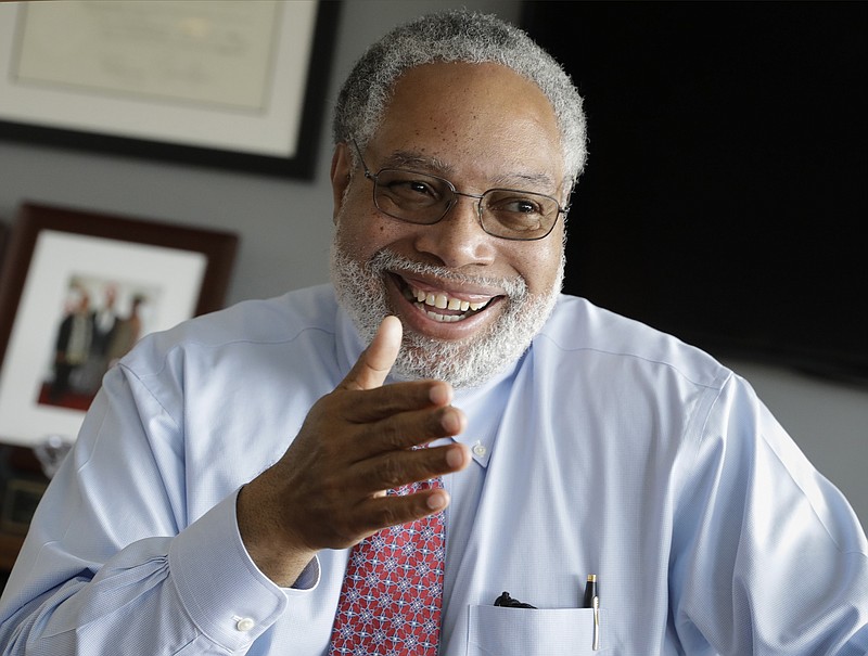 In this Sept. 21, 2017, photo, Lonnie Bunch, director of the Smithsonian National Museum of African American History and Culture, talks about the museum's first year and his vision for the future of the exhibits, in Washington. The museum is celebrating its first birthday just as popular as it was on its opening day (AP Photo/J. Scott Applewhite)