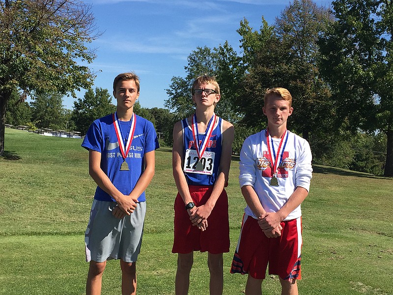 Trevor Porter, Jason Crow, and Jordan Boundrant won medals for California in the boys' varsity race at the Capital City Cross Country Challenge, Sept. 30. (Submitted photo)