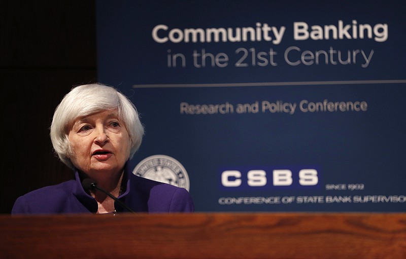 Federal Reserve Chair Janet Yellen delivers opening remarks during a community banking conference Wednesday, Oct. 4, 2017, at the Federal Reserve Bank of St. Louis. (AP Photo/Jeff Roberson)