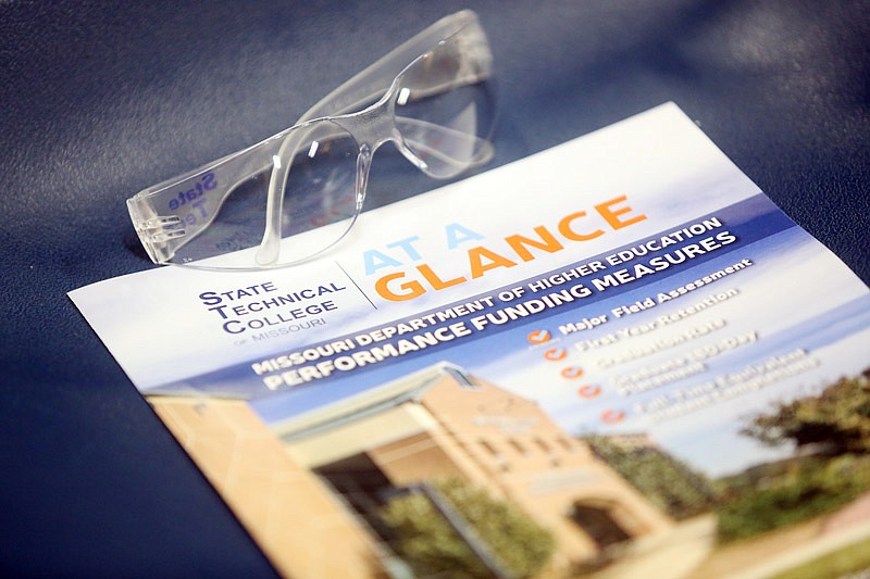 Safety glasses sit on a publication at State Technical College of Missouri in Linn on Monday, April 10, 2017.