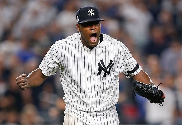 Yankees pitcher Luis Severino reacts at the end of the top of the seventh inning of Monday night's game against the Indians in New York.