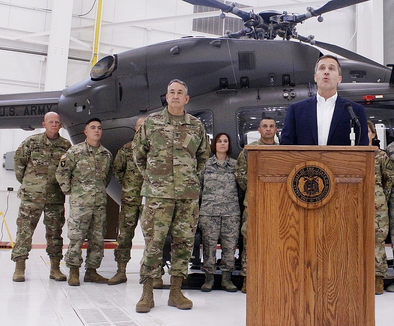 Emil Lippe/News Tribune 
Missouri Governor Eric Greitens addresses the media about the expansion of the Missouri National Guard at the Missouri National Guard Base on Tuesday, October 10, 2017 in Jefferson City. Greitens spoke about the opportunities that the expansion will open up for both the state of Missouri and the rest of the nation.