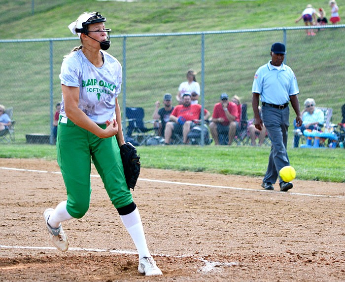 Blair Oaks pitcher Makenna Kliethermes works to the plate during Saturday afternoon's Class 2 quarterfinal game against Dixon in Wardsville.