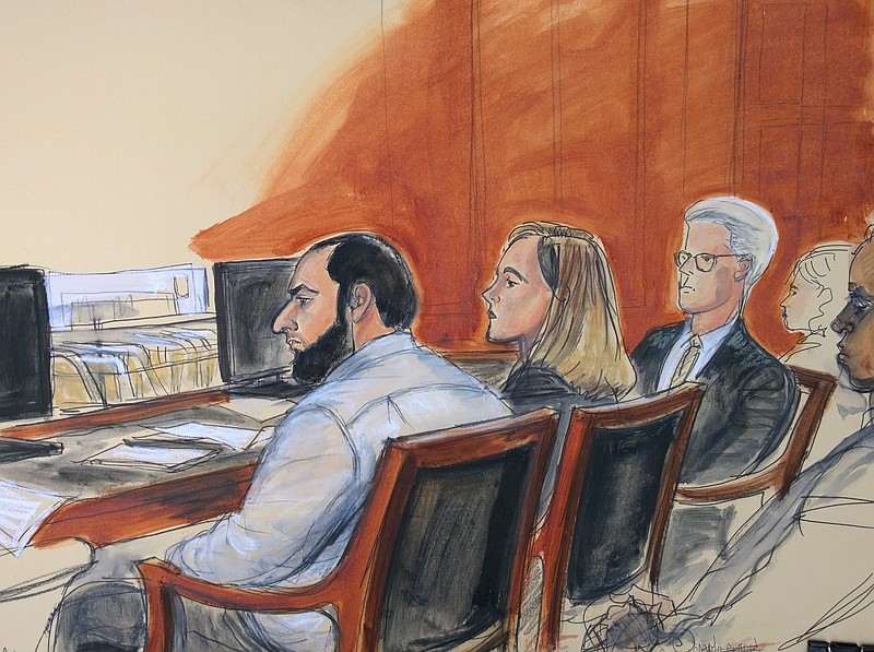 In this courtroom artist's drawing, Ahmad Khan Rahimi, left, is seated next to his federal defender Meghan Gilligan, during the reading of a verdict in his trial, Monday, Oct. 16, 2017 in New York federal court. Jurors found Rahimi guilty of all charges, including counts of using a weapon of mass destruction and bombing a public place. The Afghanistan-born man who was living in Elizabeth, New Jersey at the time of the bombing, faces a maximum punishment of life in prison. (AP Photo/Elizabeth Williams)