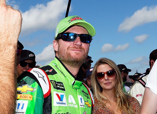 Dale Earnhardt Jr. looks on before driver introductions Sunday at Talladega Superspeedway in Talladega, Ala.