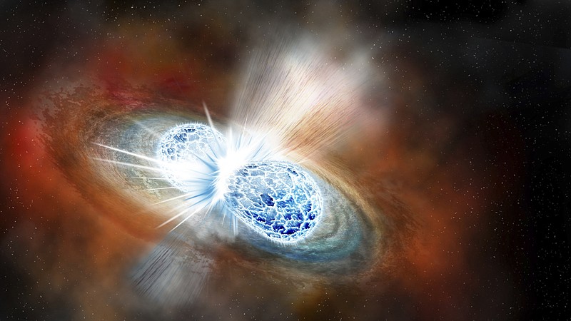 This illustration provided by the Carnegie Institution for Science depicts the collision of two neutron stars detected on Aug. 17. The explosion threw matter, light, radiation and gravitational waves into space. 