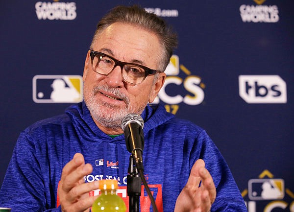 Cubs manager Joe Maddon talks at a news conference Monday in Chicago. The Cubs will play Game 3 of the National League Championship Series tonight against the Dodgers.