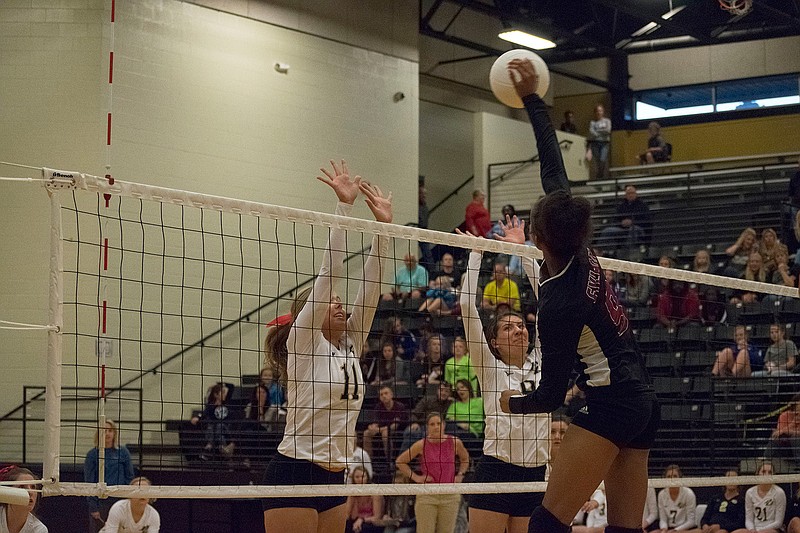 Liberty-Eylau's Keeley Norris takes on Pleasant Grove's Natalie Hale and Madi Morris during their varsity volleyball match Tuesday night at Hawk Gym. The Lady Hawks swept the Lady Leopards, 25-10, 25-18, 25-9.