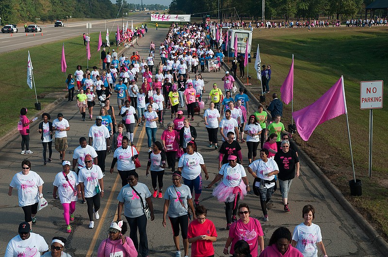 Participants in the 2016 Susan G. Komen Race for the Cure flood the raceway Oct. 15, 2016, as they make their way out of the Four States Fairgrounds in Texarkana, Ark.
This year's event is Saturday. 