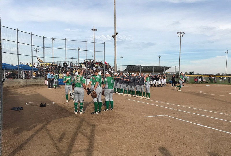 Blair Oaks and Lathrop take the field as starting lineups are introduced Friday, Oct. 20, 2017 in the Class 2 state semifinals at the Killian Sports Complex in Springfield, Mo.