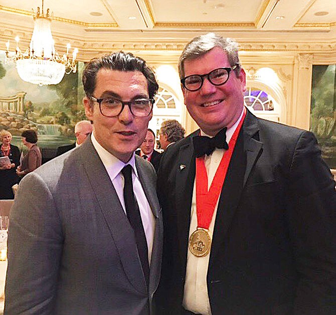 Timothy Riley, right, director and chief curator of the National Churchill Museum, stands with Joe Wright, director of the new Winston Churchill feature film, "Darkest Hour." They met at the 34th International Churchill Conference in New York. 