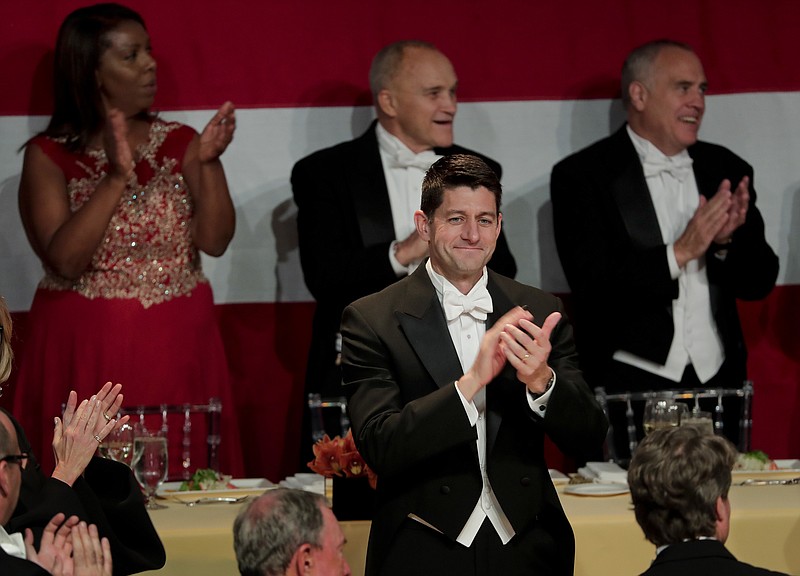 Speaker of the House Paul Ryan applauds as attendees to the 72nd Annual Alfred E. Smith Memorial Foundation dinner are announced Thursday, Oct. 19, 2017, in New York. (AP Photo/Julie Jacobson)