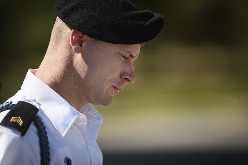 FILE- In this Sept. 27, 2017, file photo, Army Sgt. Bowe Bergdahl leaves a motions hearing during a lunch break in Fort Bragg, N.C. The fate of Bergdahl rests in a judge’s hands now that the Army sergeant has pleaded guilty to endangering his comrades by leaving his post in Afghanistan in 2009. Sentencing for Bergdahl starts Monday, Oct. 23, at Fort Bragg and is expected to feature dramatic testimony about soldiers and a Navy SEAL badly hurt while they searched for the missing Bergdahl. (Andrew Craft/The Fayetteville Observer via AP, File)