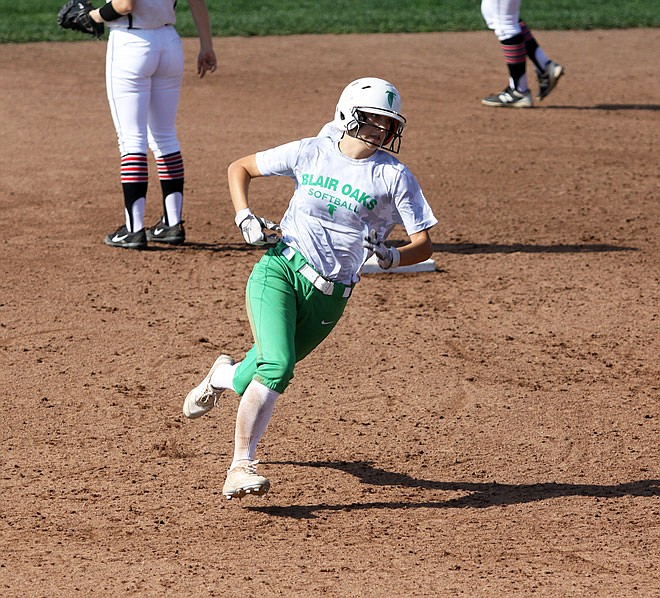 Hannah Schroeder of Blair Oaks rounds second base as she scores on Brooke Boessen's
triple during the fourth inning Saturday, Oct. 21, 2017 in the Class 2 state championship game
against Bowling Green at Killian Stadium Field in Springfield, Mo.