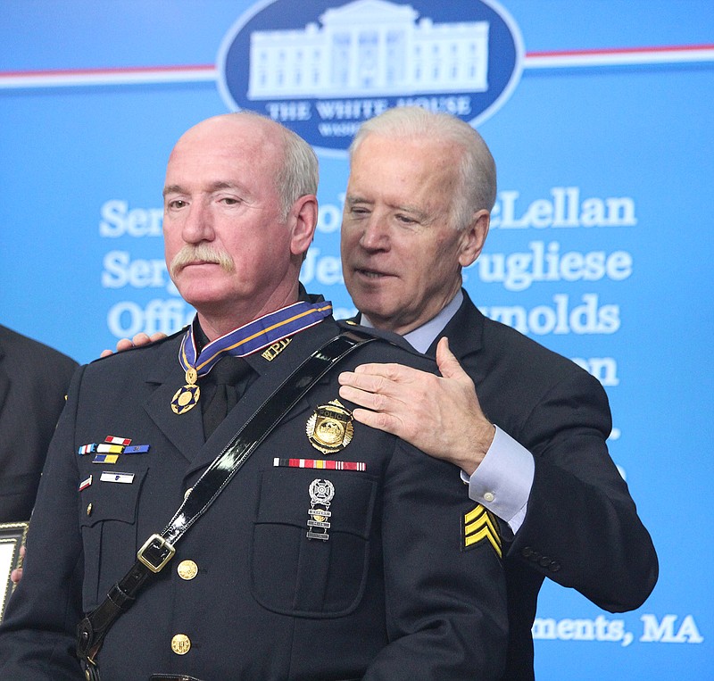 Former Vice President Joe Biden presents Watertown, Massachusetts, Police Sgt. Jeffrey Pugliese with a Congressional Medal of Valor in 2015. Pugliese will be an honored guest during the Operation Bugle Boy dinner in Jefferson City next week. 