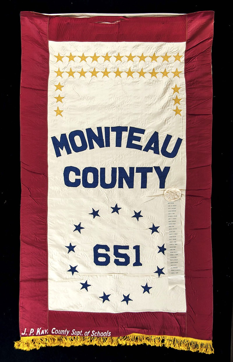 Like most Missouri counties following World War I, Moniteau County created a flag to represent its soldiers who fought and name those who died. This flag is held in the Missouri State Museum flag collection. (Photo courtesy Missouri State Parks/Missouri State Museum)