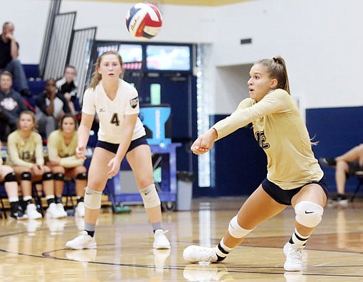 Ellie Rockers of Helias bumps the ball during a match this season at Rackers Fieldhouse. Helias will begin play today in the Class 3 Final Four in Cape Girardeau.