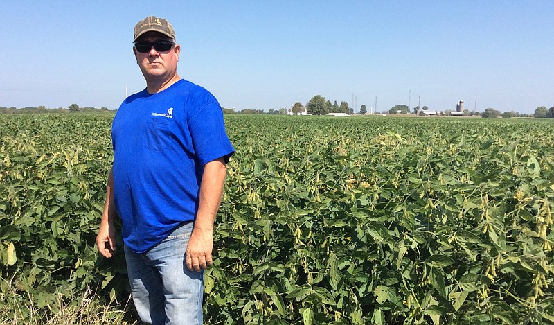 Brian Lehman stands by a soybean field last month on his farm near Versailles, Mo. Lehman said plunging crop prices and soaring input costs hurt him in recent years, but he's cautiously optimistic he will make money this year. (Philip Joens/News Tribune)