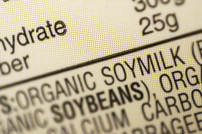 The ingredients label for soy milk is shown at a grocery store in New York.