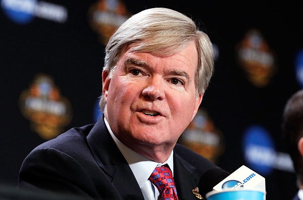 NCAA president Mark Emmert answers a question at a news conference at the Final Four earlier this year in Glendale, Ariz.