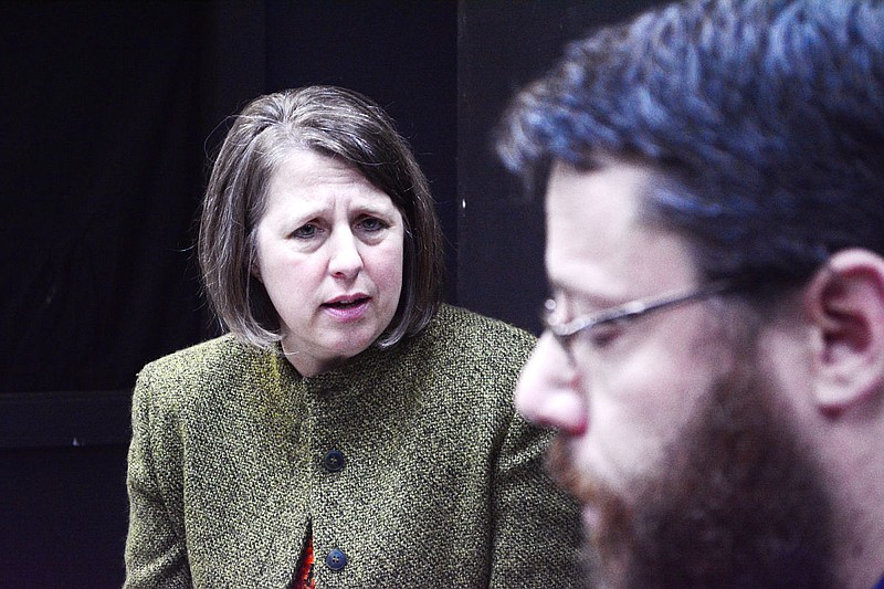 Gina Connor talks to Allen Posz during the rehearsal of a scene from the play "Looking for Normal" at Scene One Theatre on Monday, Oct. 30, 2017, in Jefferson City. The play will debut at 7 p.m. Nov. 9.