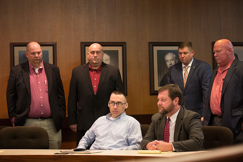 Billy Joel Tracy sits with his attorney Jeff Harrelson before court Thursday, Nov. 2, 2017. Tracy was convicted in late October for the July 15, 2015, beating death of Telford Corrections Officer Timothy Davison.