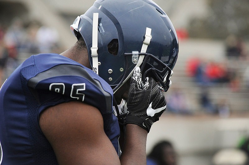 Lincoln University tight end Calvin Davis holds his mask in frustration after William Jewell gains possession during the game at Dwight T. Reed Stadium in Jefferson City on Saturday, November 04, 2017. Lincoln lost 3-13 to William Jewell. 