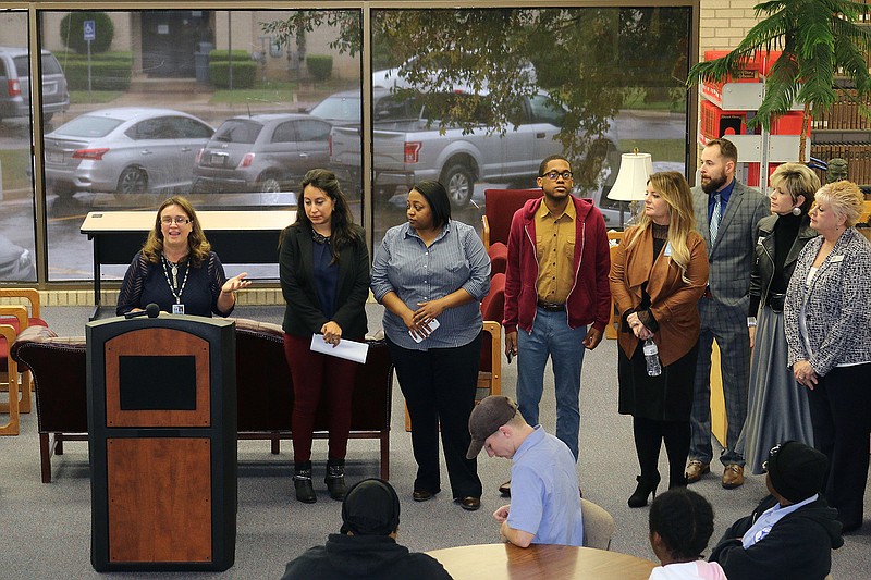 Dr. Tonja Mackey, director of Texarkana College's federal TRIO programs, introduces her staff at the inaugural First-Generation College Student Celebration on Wednesday. The programs are designed to help first-generation college students succeed, and many of the staff are the first in their families to have earned a higher education credential. (Submitted photo)

