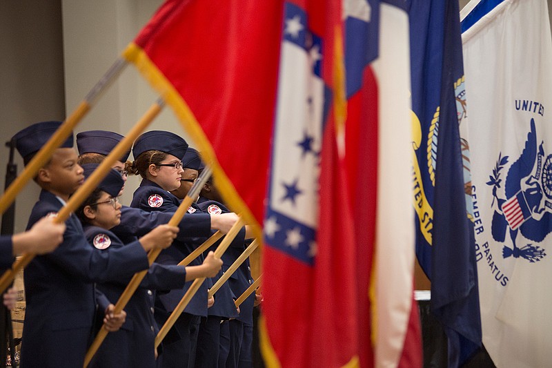 Arkansas High School's Air Force Junior Reserve Officer Training Corps present colors on Nov. 9, 2016, during the Texarkana Gazette's Salute to Veterans Reception.
