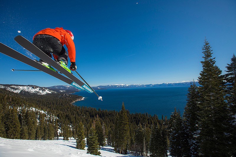 Professional skier Errol Kerr catches both air and views of Lake Tahoe while powder skiing at Homewood Mountain Resort. (Ryan Salm Photography/North Lake Tahoe)