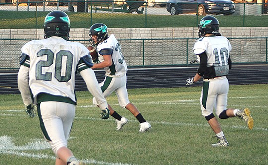 North Callaway senior wide receiver Austin Edwards cuts upfield after making a catch as junior defensive backs Dakota Brush (20) and Chet Cunningham (10) pursue during practice late Wednesday afternoon at the high school in Kingdom City. The seventh-ranked Thunderbirds (11-1) travel to Clark County (8-4) for a Class 2 quarterfinal Saturday afternoon.