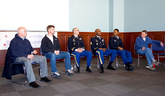 Westminster College assembled a panel of veterans and current armed forces members Friday to answer questions from students. Speakers included retired Capt. Ken Maher, right, retired Corp. Daniel Lair, Capt. Benjamin Hardy, Staff Sgt. Averial Williams, Cadet Eric Warren and retired Lt. Col. Steve Hardin.
